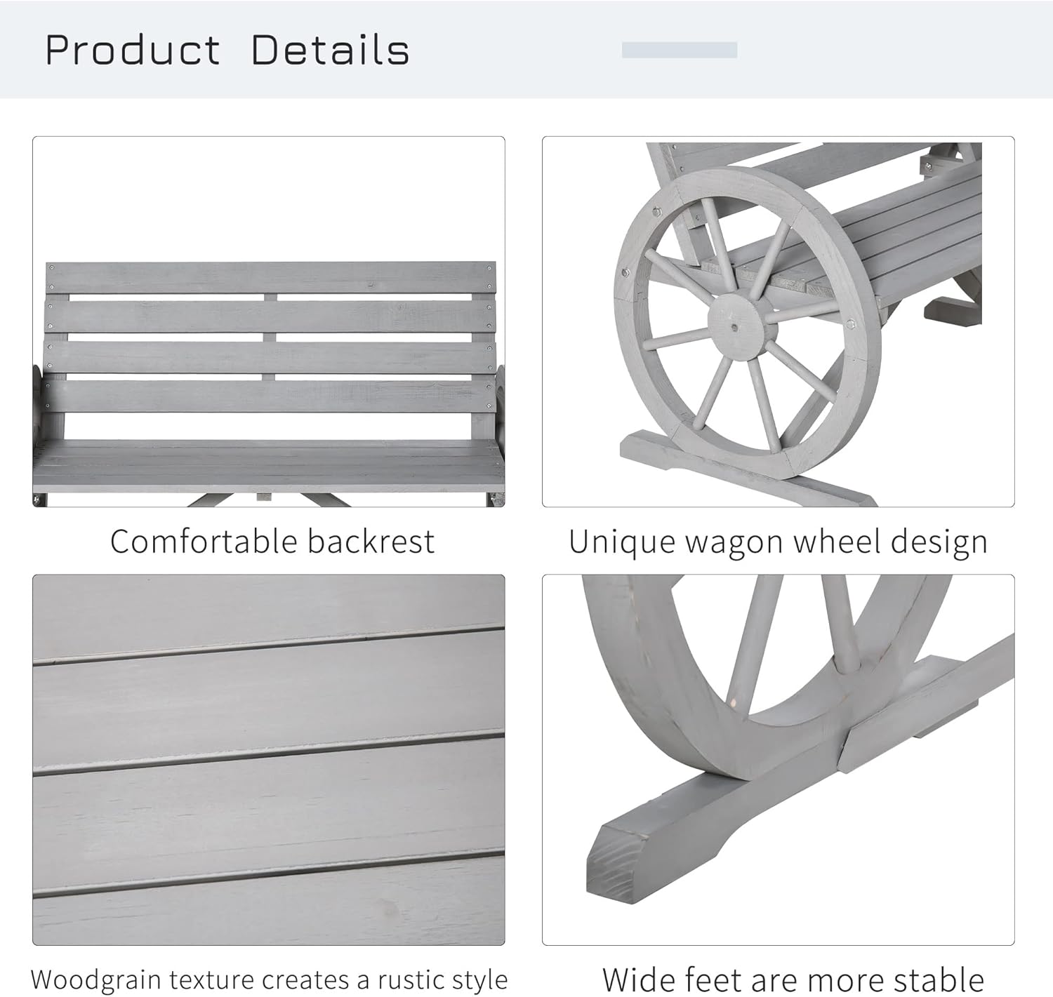 Outsunny 41" Wooden Wagon Wheel Bench, Rustic Outdoor Patio Weather Resistance Furniture, 2-Person Slatted Seat Bench with Backrest, Light Gray