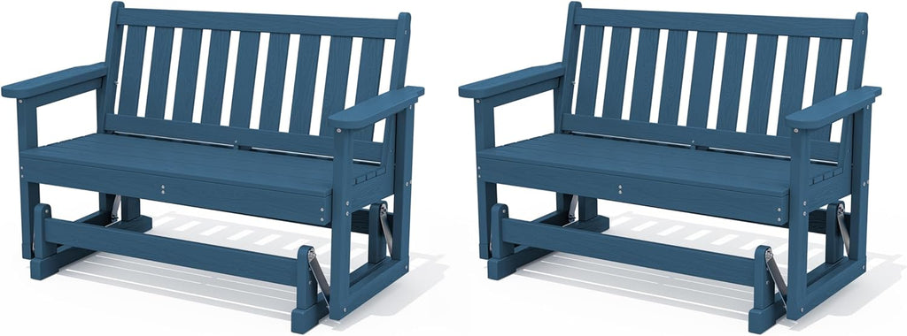 SERWALL Outdoor Glider Bench Set of 2, HDPE Weather-Resistant Swinging Bench for Backyard Garden Porch, Navy Blue