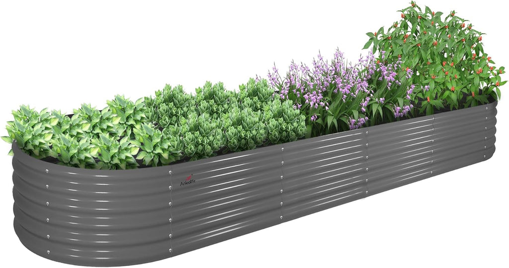 A ANLEOLIFE 12X3X1.5 ft Galvanized Raised Garden Beds Outdoor, Oval Extra Large Metal Planter Box for Planting Vegetables Flowers Herb, Anti-Rust & Easy-Setup, Quartz Grey