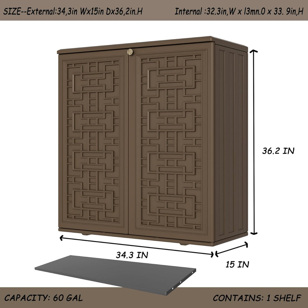 Storage Box Outdoor Caninet,Resin Indoor Storage Box Waterproof Outdoor Storage Cabinets for Patio/Garden/Backyard, Size 34.3''L*15''W*36.2''H(Brown)