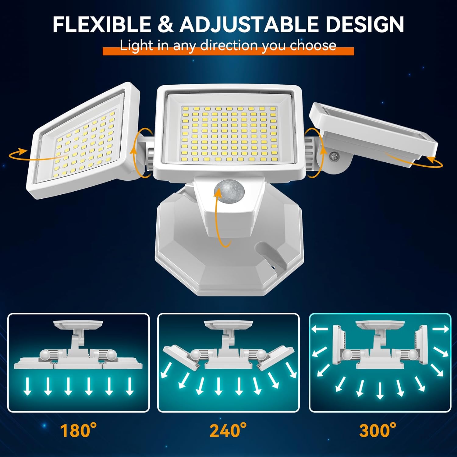 65W LED Flood Light Outdoor, 6500LM, Waterproof, 6500K Motion Sensor Flood Lights Outdoor with Adjustable 3 Head Detected Floodlight for Outside Entryway Garage, Yard, Porch, White, 2 Pack