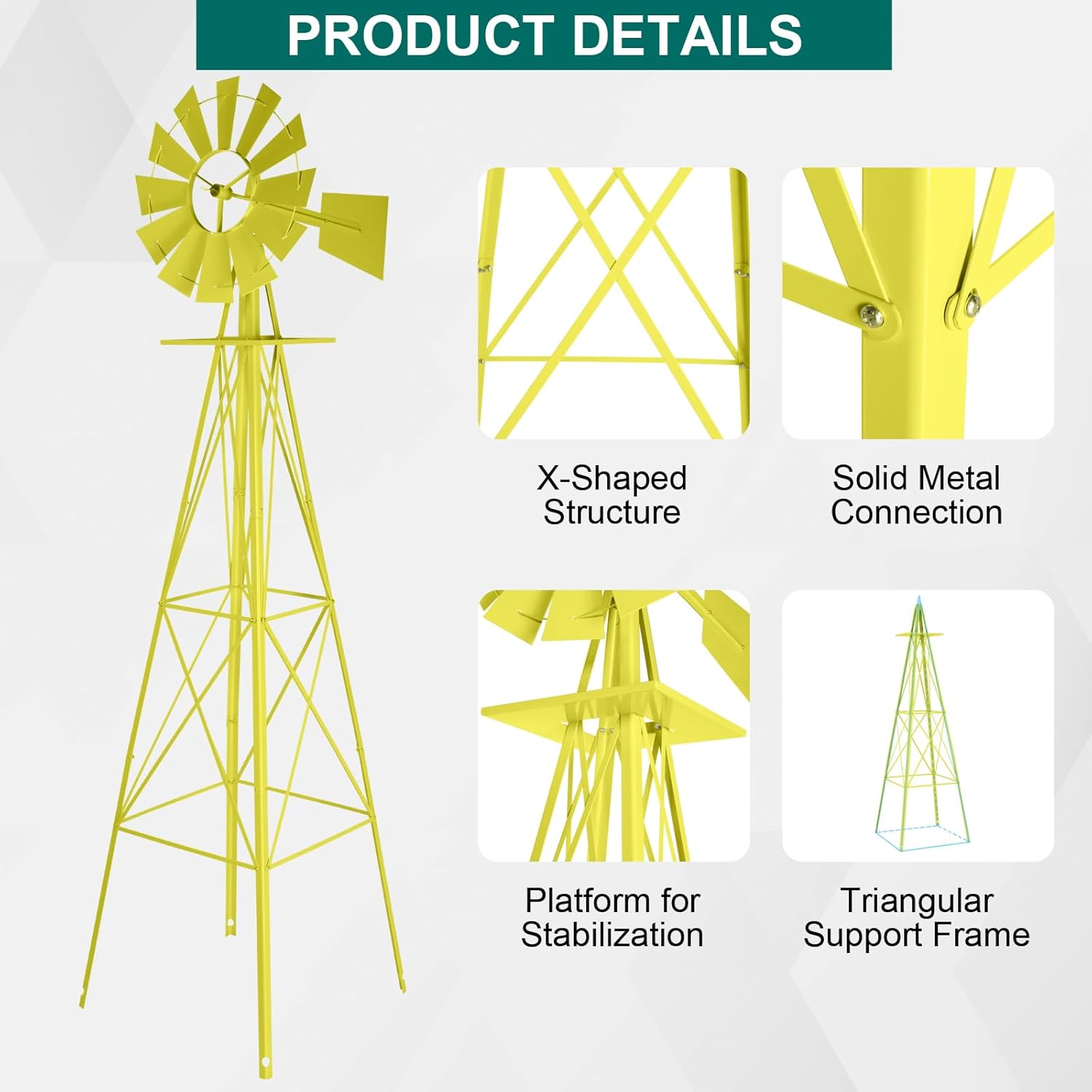 VINGLI 8FT Ornamental Windmill Backyard Garden Decoration Weather Vane, Heavy Duty Metal Wind Mill w/ 4 Legs Design,Yellow