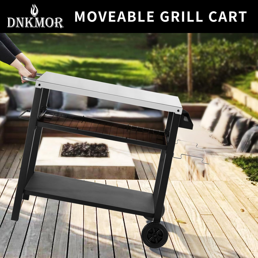 Dining Cart Table with Three Shelf, Movable Outdoor BBQ Grill Table Pizza Oven Stand with Three Hooks, Kitchen Cart Island Multifunctional Food Prep Table for Inside and Outside (Sliver)