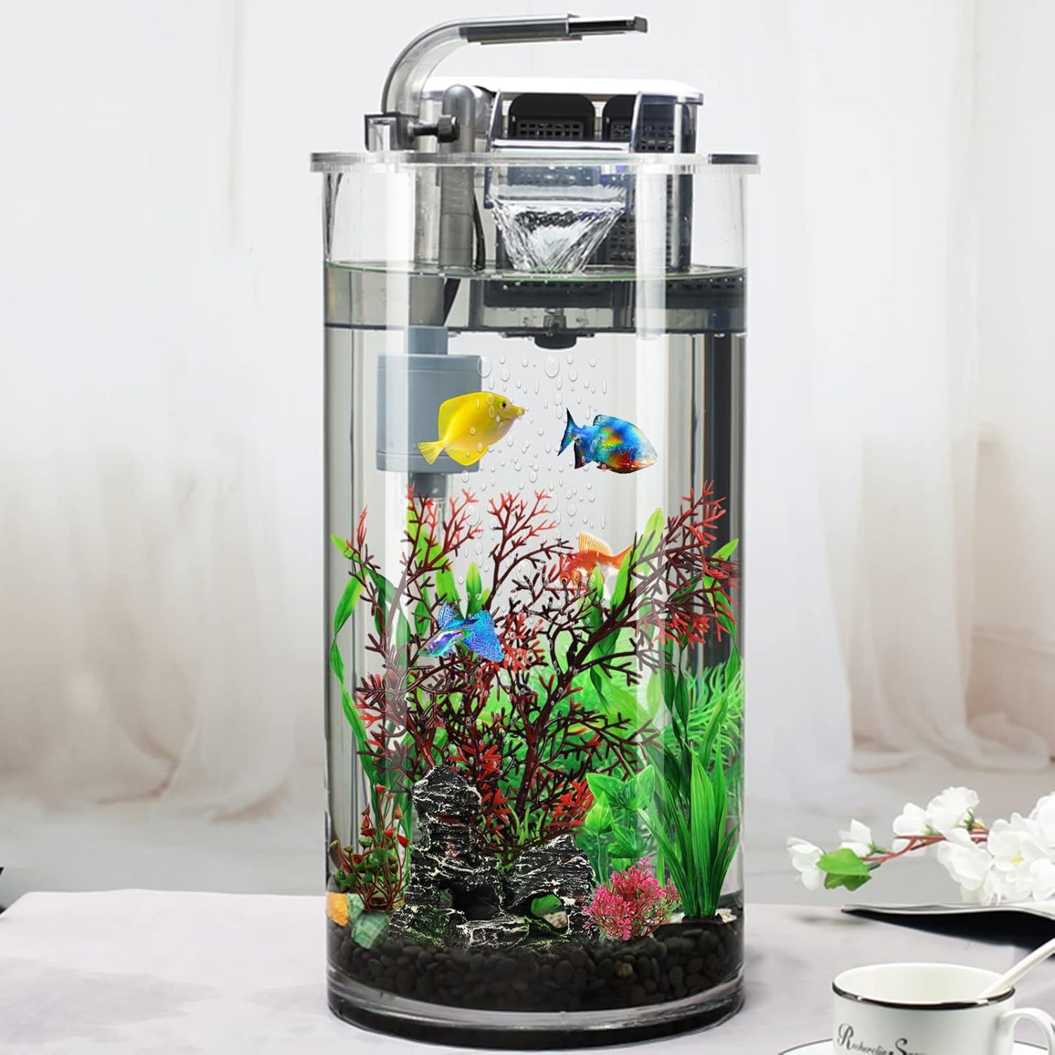 Fish Tank Decorations Plants with Resin Cave Rock View, 9pcs Aquarium Decorations Plants Plastic,Fish Tank Accessories, Fish Cave and Hideout Ornaments, Aquarium Decor