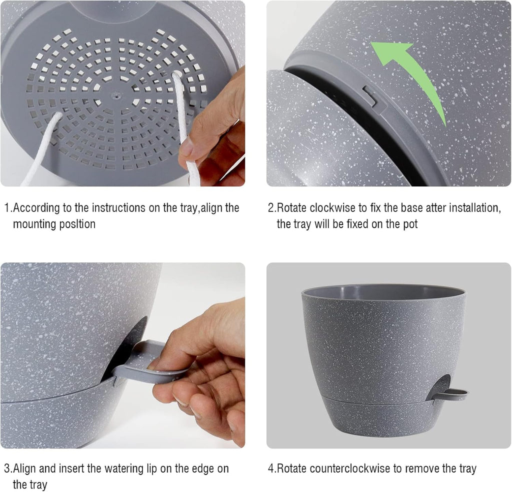 10/9/8 inch Self Watering Pots, Set of 3 Plastic Planters with Mesh Drainage Holes and Deep Reservoir for Indoor Outdoor Garden Plants and Flowers, Grey Speckles