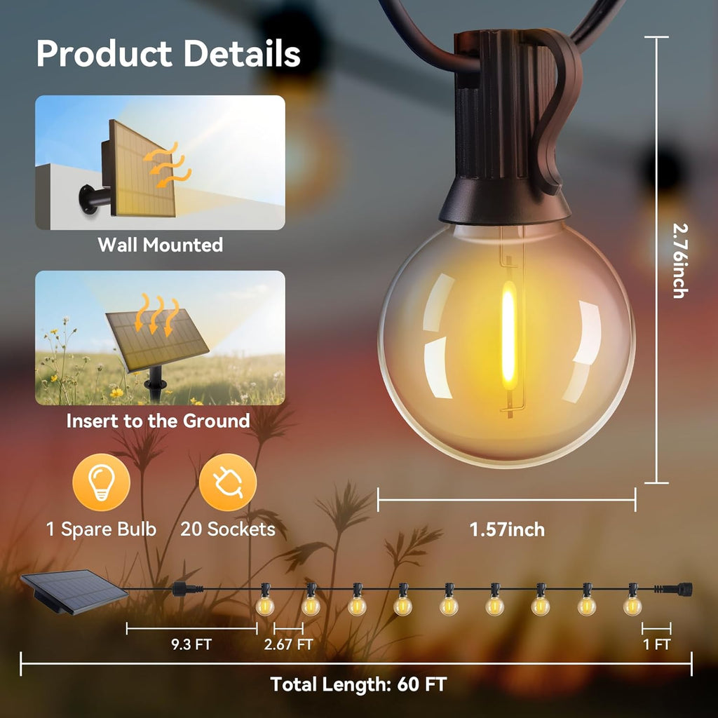 HJQ 60FT Solar String Lights Outdoor Waterproof, Patio Lights Solar Powered with Remote & USB Port, 20+1 LED Shatterproof Bulbs, 3 Light Modes, Dimmable Solar Hanging Lighting for Camping Yard Garden