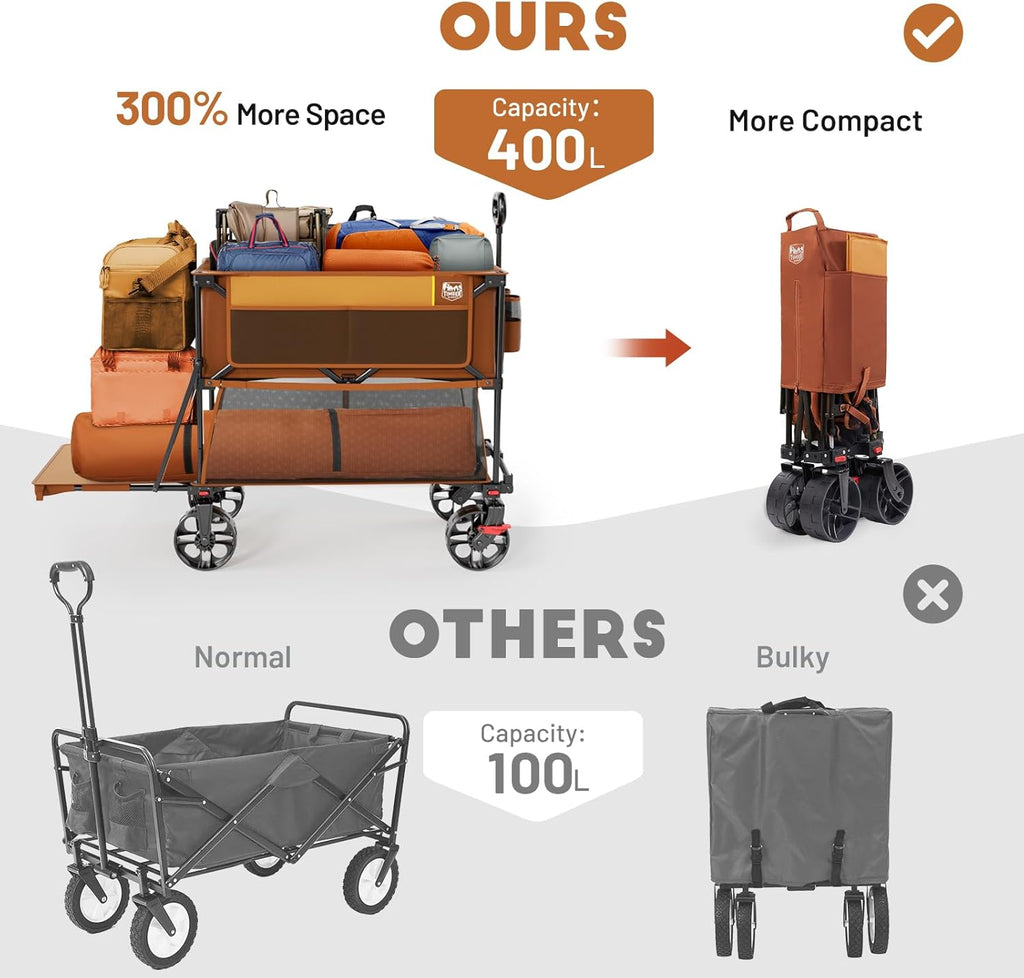 TIMBER RIDGE 400L Large Capacity Folding Double Decker Wagon with Brakes, 54" Extra Long Extender Wagon Cart, 660lbs Heavy Duty Collapsible Cart, All-Terrain Big Wheels for Camping, Sports, Shopping