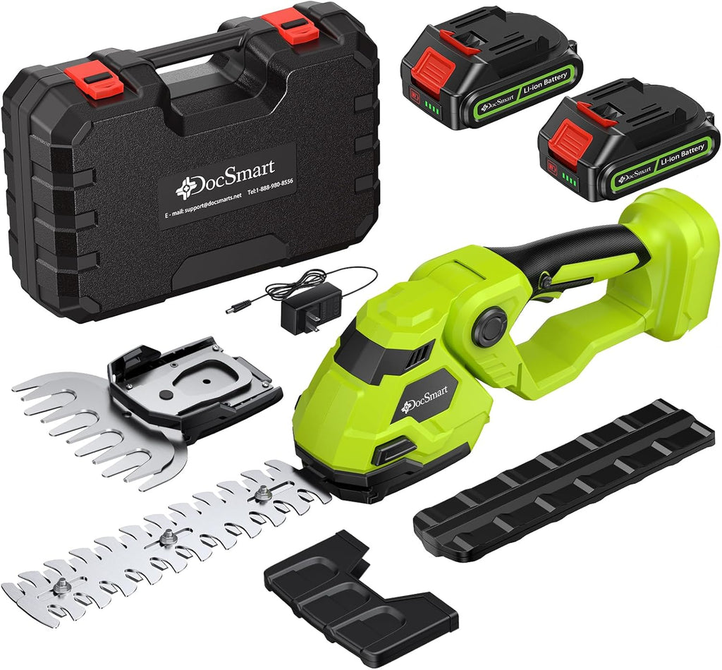 Hedge Trimmer Cordless with Battery, 2-in-1 Electric Handheld Grass Shear Cutter with 2 Pack Rechargeable Battery, Mini Bush Trimmer Kit for Garden Yard Lawn Pruning, Green