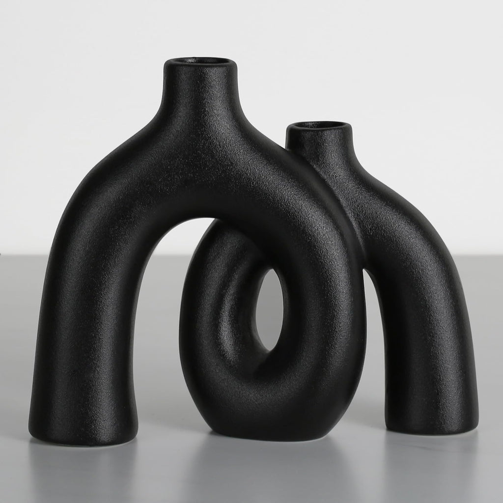 CEMABT Modern Nordic Boho Vase Set - Elegant Black Matte Ceramic Home Decor for Living Room, Bookshelf, Mantel, Entryway Table & Console Décor | Shelf Decorations Gift
