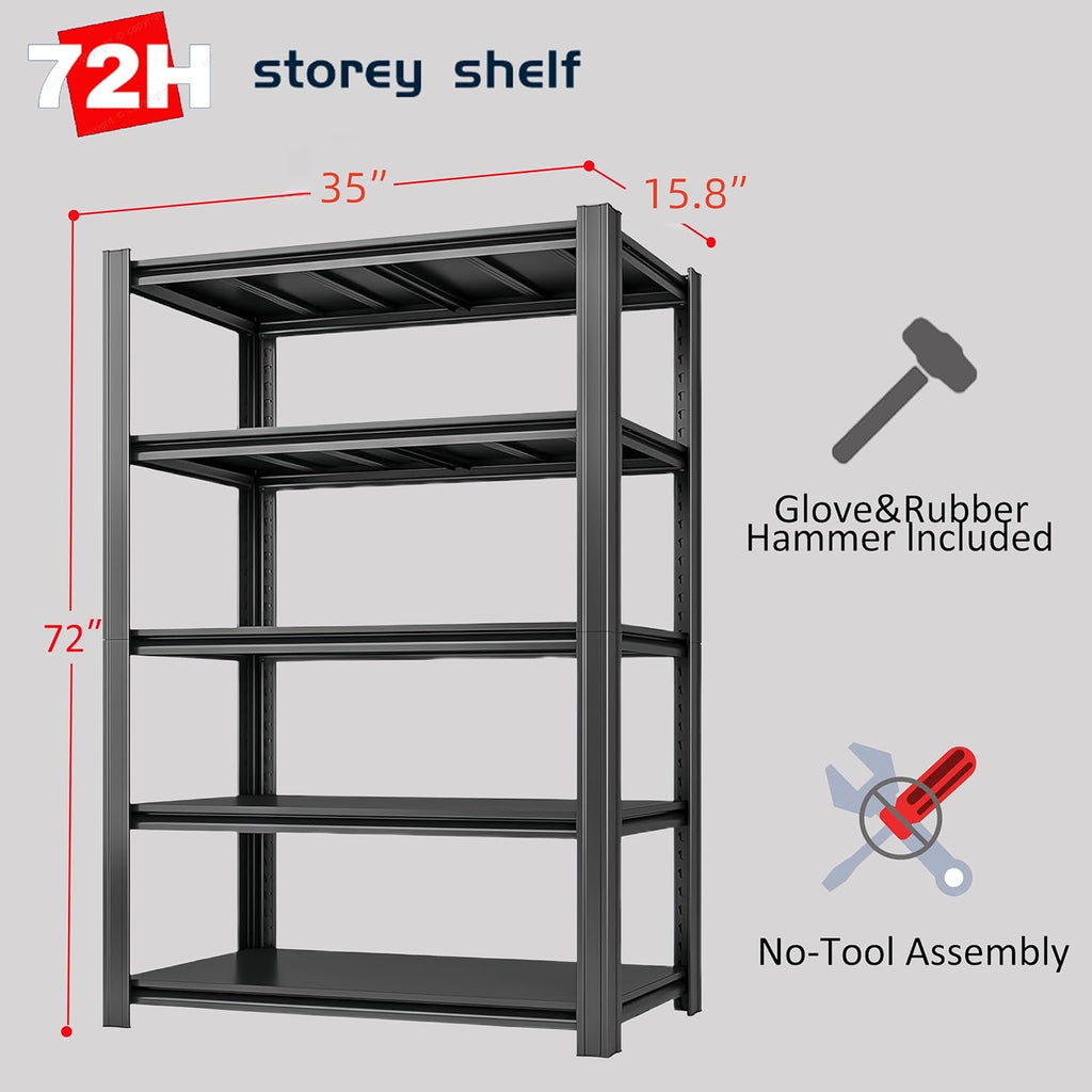 5-Tier 35" W x 15.8" D x 72" H Garage Shelving 3000LBS Storage Shelves Heavy Duty Metal Shelf Unit Adjustable Basement Industrial Storage Racks