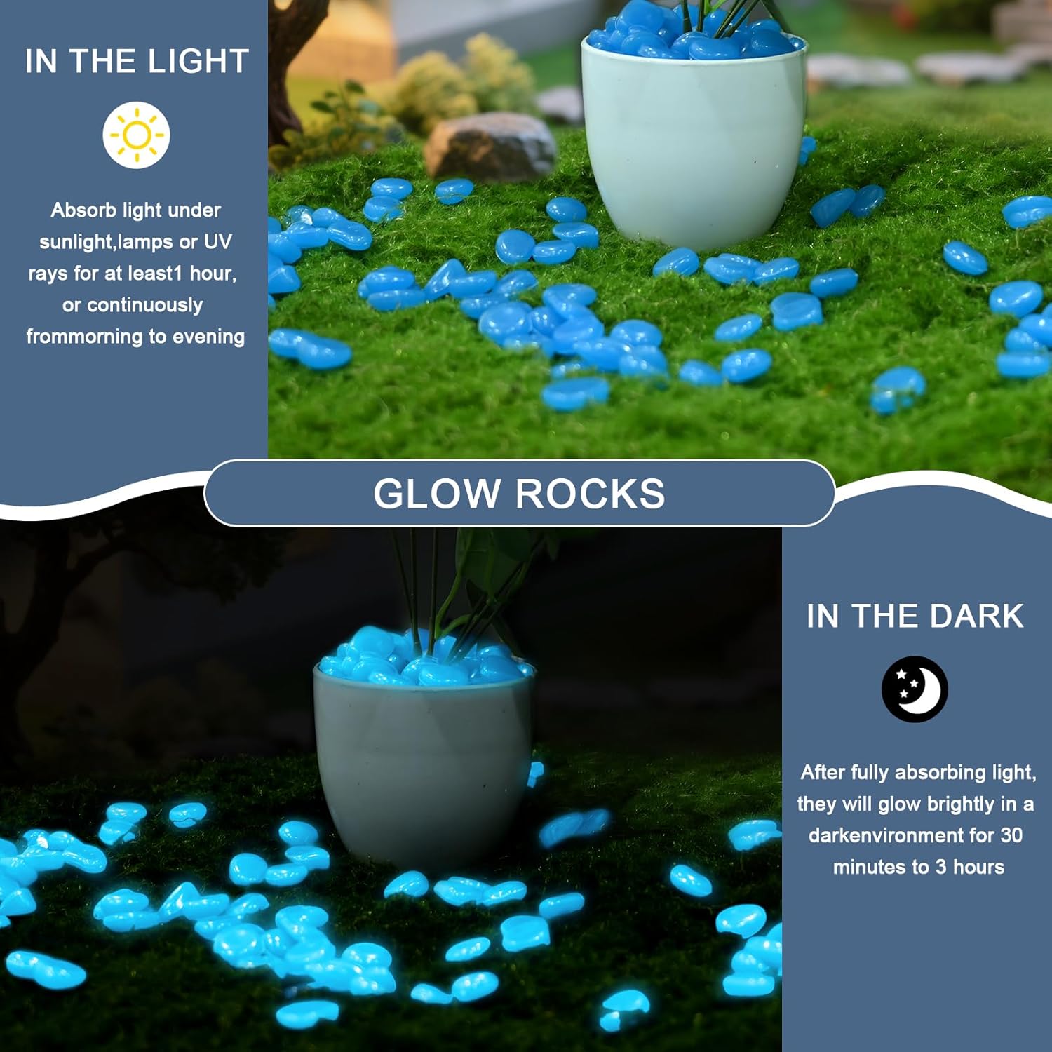 Oubest Glow in The Dark Rocks for Outdoor Landscaping Garden Stones, 0.8 Inch Glow Pebbles Luminous Stones Decorative Rocks for Vases Pathway Walkway Yard Patio Fountain Driveway, 150PCS, Multicolor