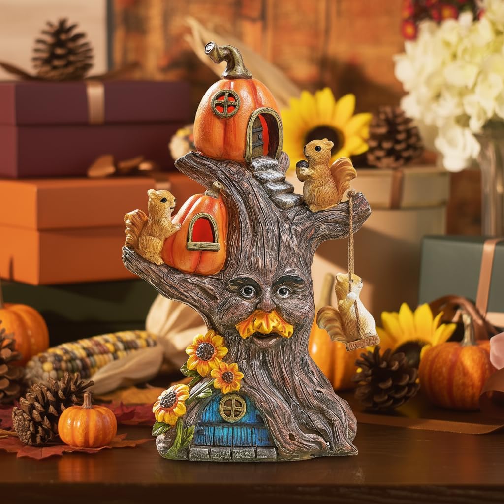 TERESA'S COLLECTIONS Fall Decor, Pumpkin Decor, Tree Spirit and Squirrels Pumpkin House with Solar Lights, Outdoor Fall Decor Waterproof Resin, Fall Gift Outdoor/Indoor,11"