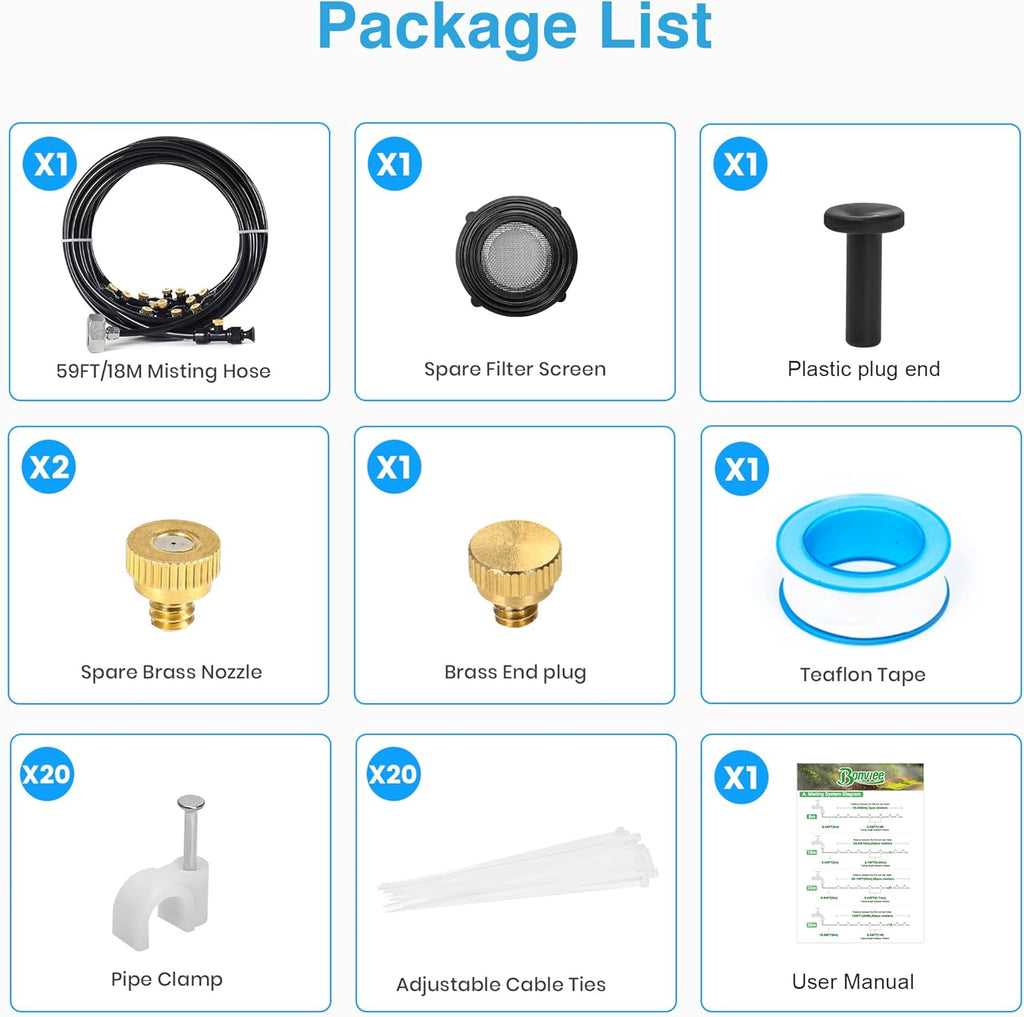 Bonviee Misters for Outside Patio - 59FT Misting Cooling System with 20 Brass Nozzles and 3/4" Adapter, 18M DIY Outdoor Misters Kit for Garden, Greenhouse, and Patio Cooling