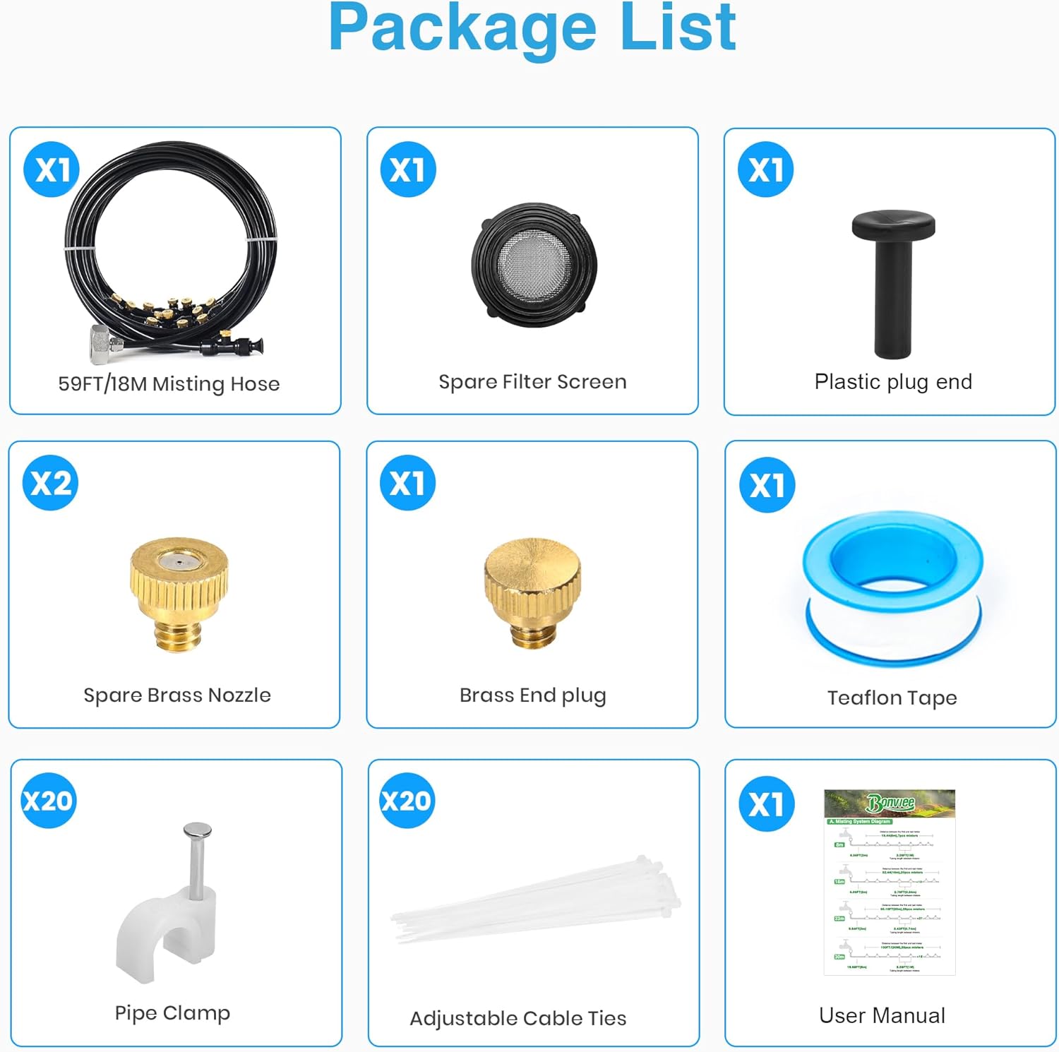 Bonviee Misters for Outside Patio - 59FT Misting Cooling System with 20 Brass Nozzles and 3/4" Adapter, 18M DIY Outdoor Misters Kit for Garden, Greenhouse, and Patio Cooling