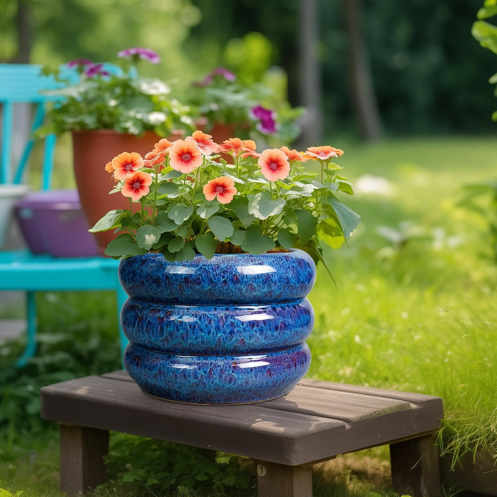 SQOWL Ceramic Pot for Plants - 10 Inch Plant Pot Indoor Outdoor Planter with Drainage Hole Large Flower Pot Decorative Plant Pot for Patio Living Room Decor Blue