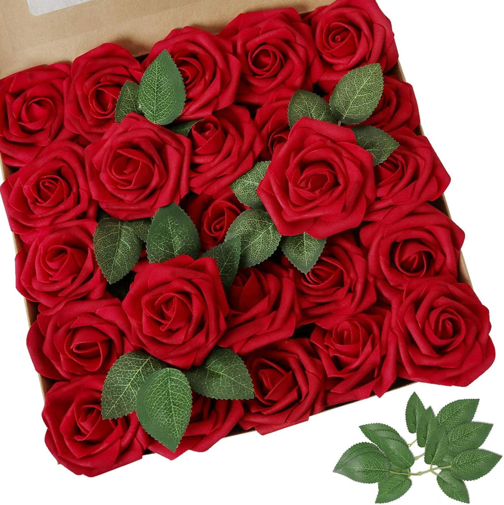 AmyHomie Artificial Flower Dark Red Rose 25pcs Real Looking Fake Roses w/Stem for DIY Wedding Bouquets Centerpieces Arrangements Party Baby Shower Home Decorations