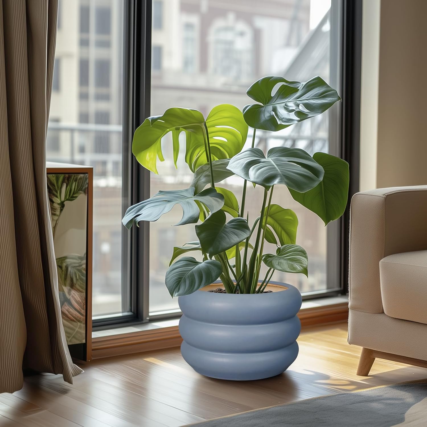 SQOWL 10 Inch Plant Pot Indoor - Ceramic Plant Pot with Drainage Hole Large Outdoor Planter Unique Flower Pot Modern Round Planter for Front Door Decor Gray