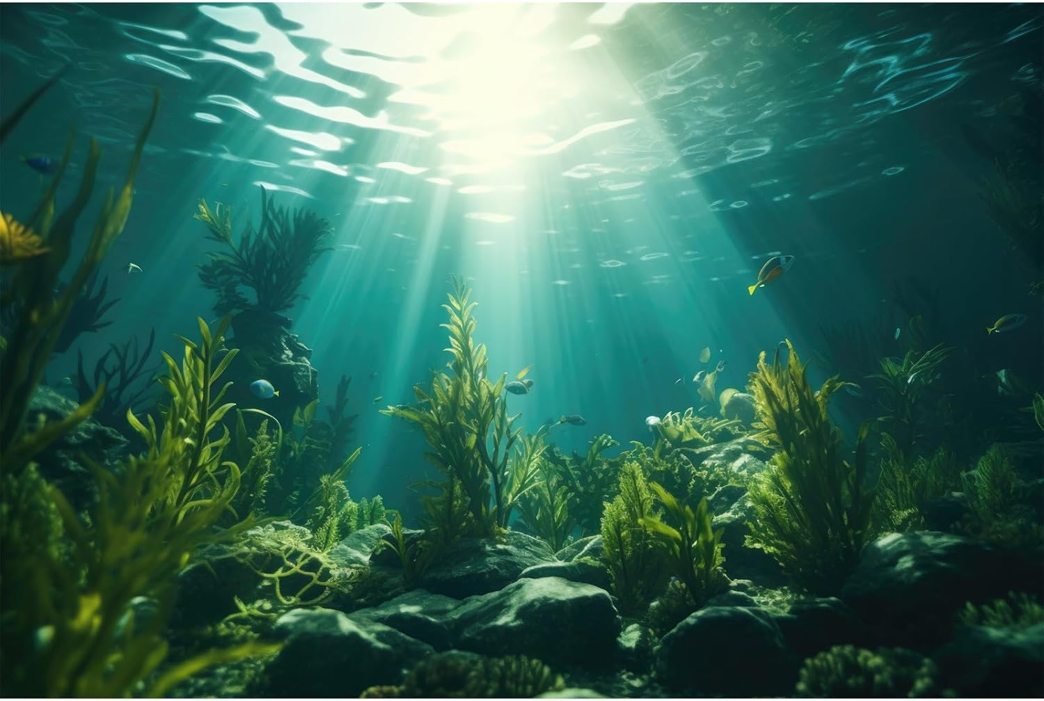 Ocean Aquarium Background Aquatic Plants with Rocks Terrarium Backdrop Sunlight Rays Deep Sea Fish Tank Background Aquarium Wallpaper Poster Decor Vinyl 36x24in
