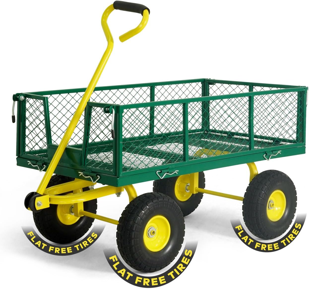 CAPHAUS Metal Green Garden Cart, w/ 180° Adjustable Yellow Handle, w/Mat and Strap, Heavy Duty 880 lbs Capacity, w/ 10” Flat-Free Tires, Sides Removable, Utility Wagon, Yard Cart, for Garden, Farm
