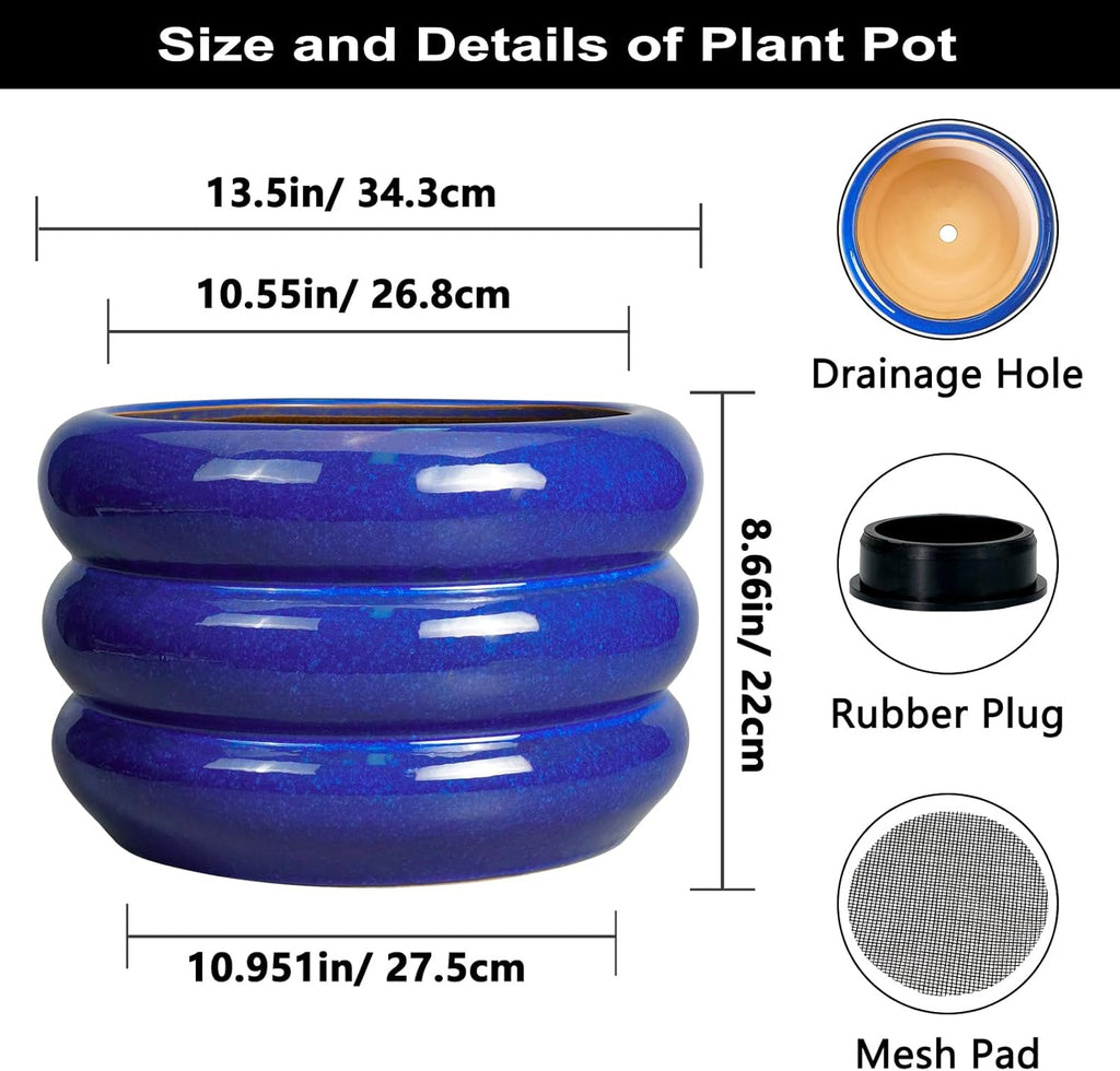 SQOWL Ceramic Plant Pot 13.5 Inch - Large Planter for Outdoor Plants Round Indoor Flower Pot with Drainage Hole Decorative Planter Modern Home Decor Blue