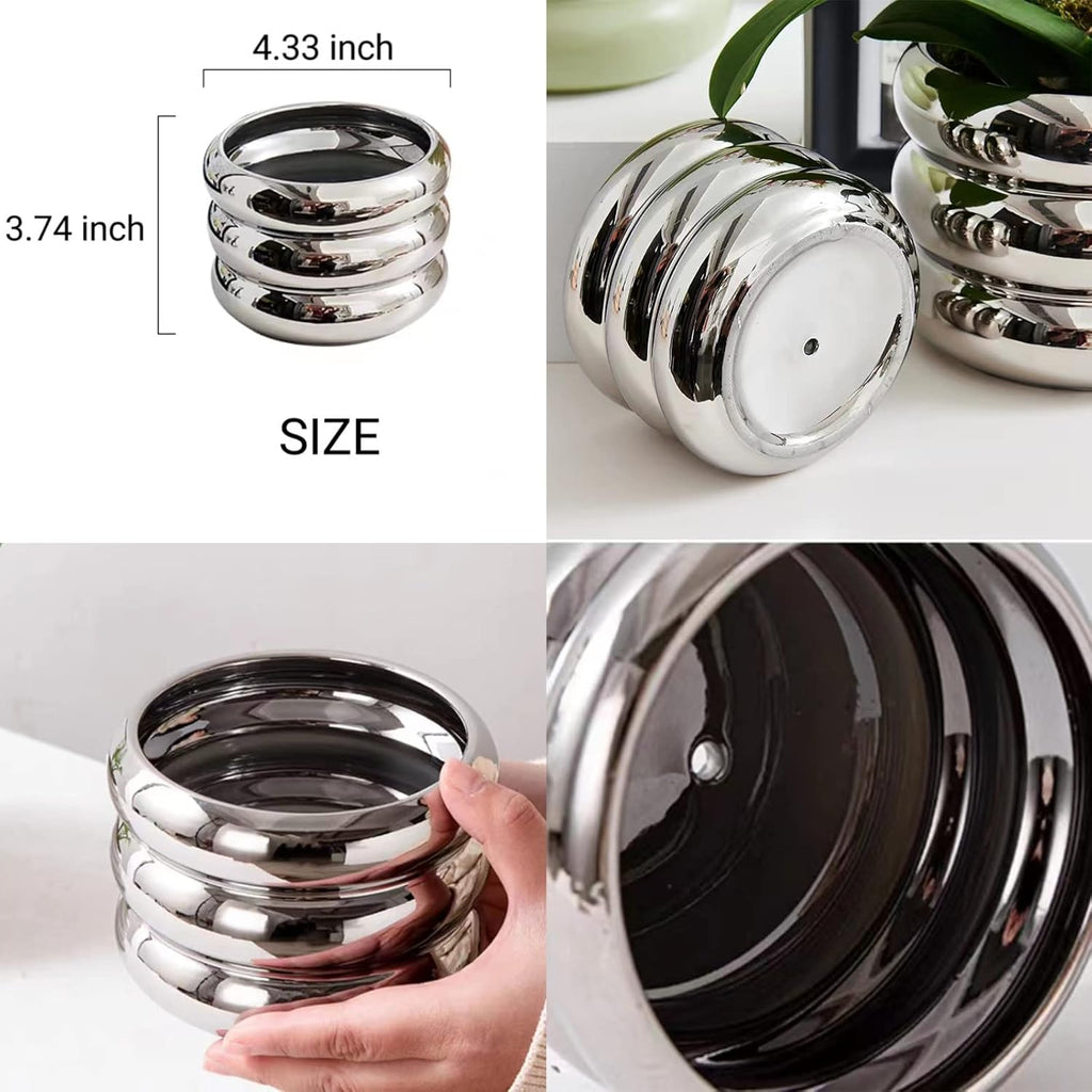 Ceramic Plant Pot Indoor, 4.7 Inch Flower Pot with Drainage Hole, Small Bubble Design Ceramic Planter for Home & Office Decor (Silver)