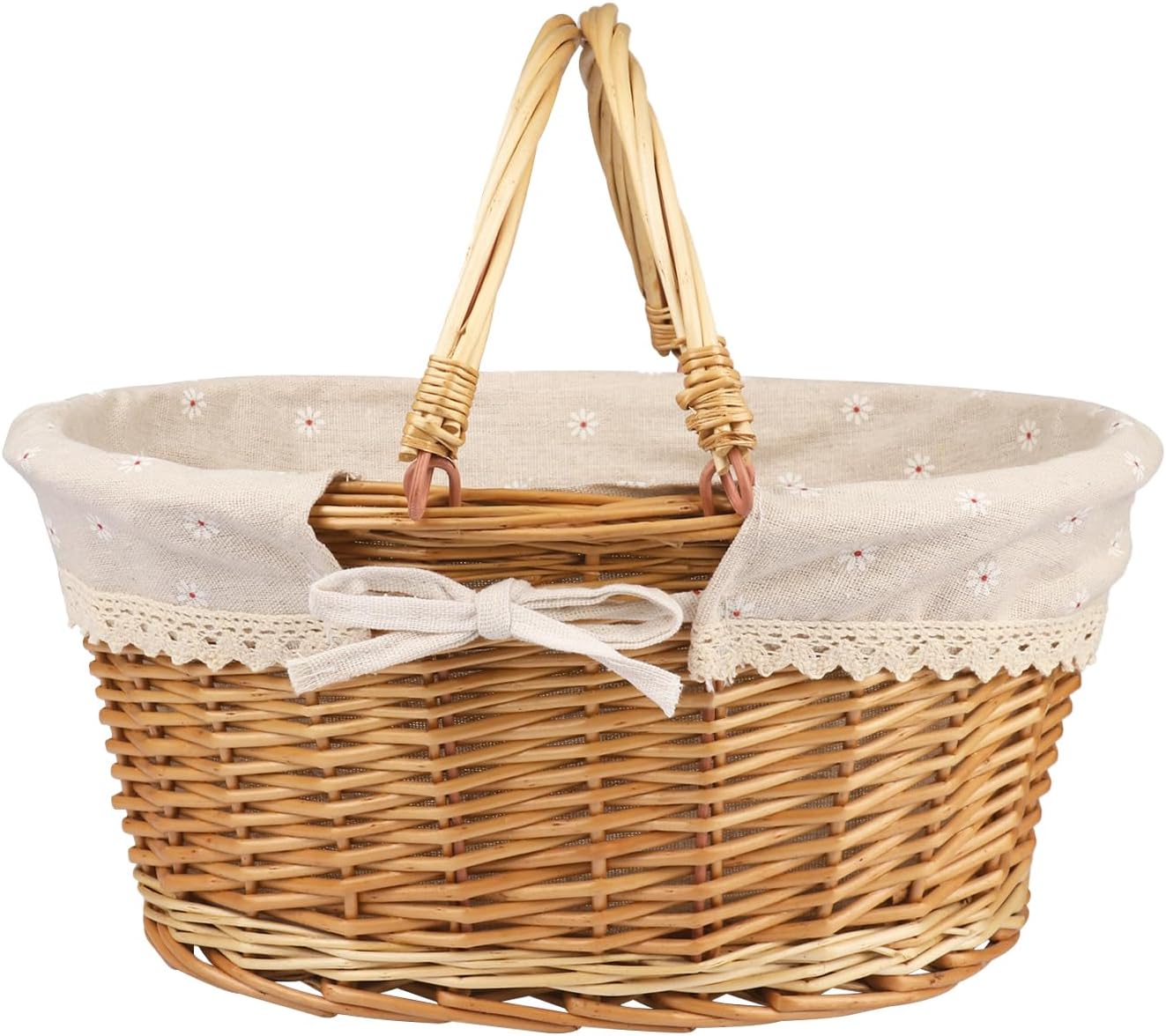 Large Multipurpose Wicker Basket with Handle, 14.2 x 11 x 6.7 in Wicker Picnic Basket with Liner, Empty Gift Basket, Oval Willow Woven Basket for Fruit, Wine, Gathering, Wedding, Picnic, by GNIEMCKIN
