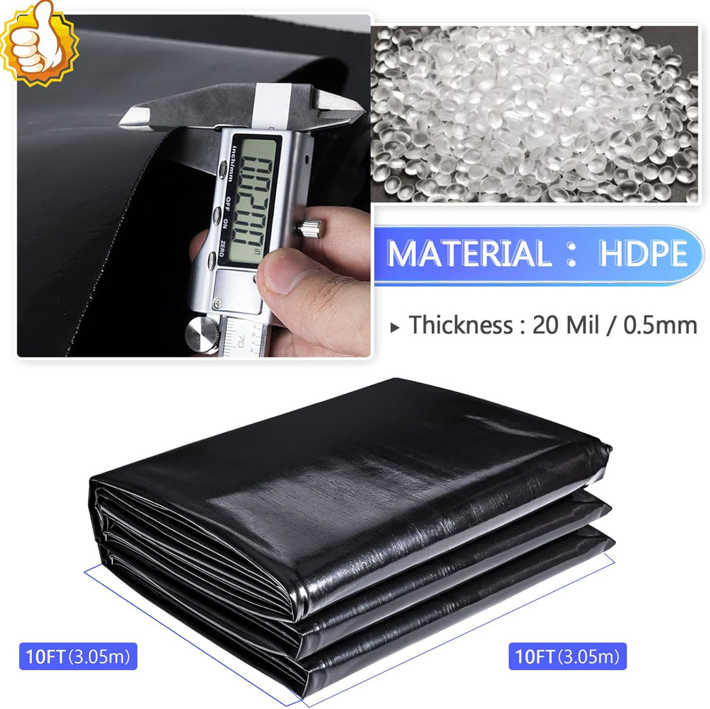 ToLanbbt Pond Liner 10 FT x 10 FT HDPE Pond Liners, 20 Mil UV Resistant Preformed Pond Liner Easy Cutting, Pond Liner for Natural Looking Ponds, Waterfall, Koi Pondsand Water Garden (Black)