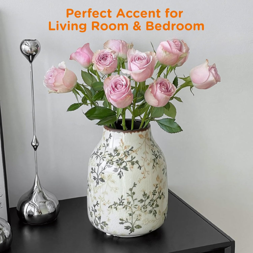 Rustic Vintage Ceramic Vase, 7.8 inch Beige and Green Decorative Vase, Aesthetic Farmhouse Pottery Vase for Home Decor, Living & Dining Room, Bookshelf, Office, TV Stand Table Decor