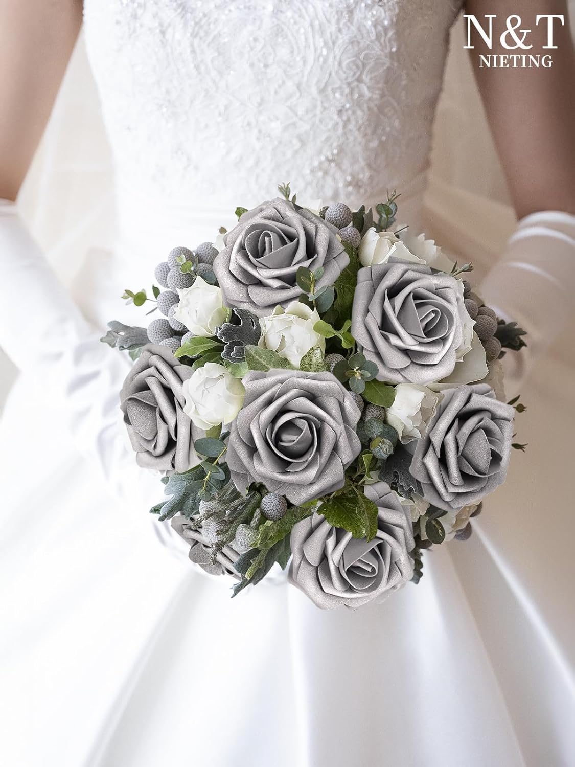 N&T NIETING Artificial Flowers, Fake Flowers Roses Perfect for DIY Wedding Bridal Bouquets Centerpieces Bridal Shower Party Home Flower Arrangement Decorations, 25Pcs, Silver Gray