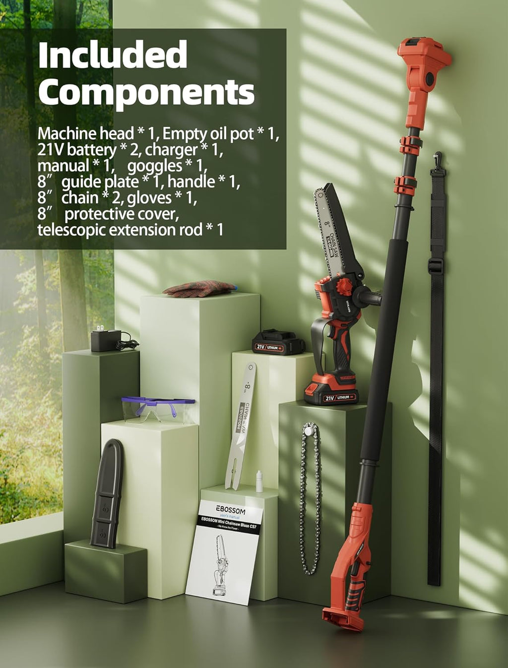 2-IN-1 Cordless Pole Saw & Mini Chainsaw, 8-inch Electric Saw Brushless, 2 Pack Battery Powered Pole Saws, 15-Foot MAX, Chain Saw with Extension Pole for Tree Trimming Wood Cutting