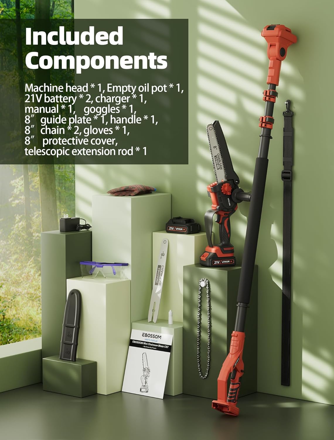 2-IN-1 Cordless Pole Saw & Mini Chainsaw, 8-inch Electric Saw Brushless, 2 Pack Battery Powered Pole Saws, 15-Foot MAX, Chain Saw with Extension Pole for Tree Trimming Wood Cutting