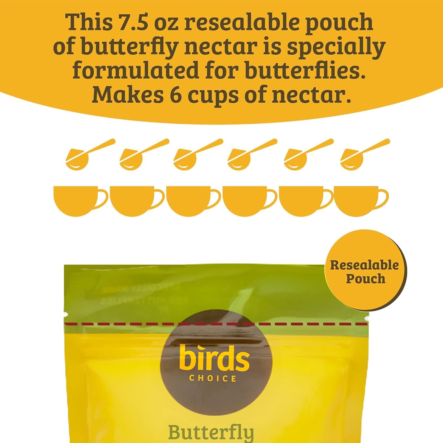 Birds Choice Butterfly Nectar, 7.5 oz Resealable Pouch | Makes Up to 6 Cups of Nectar for Flutterby Feeder | Easy Mix Concentrate Blend of Glucose & Fructose to Help Attract Butterflies