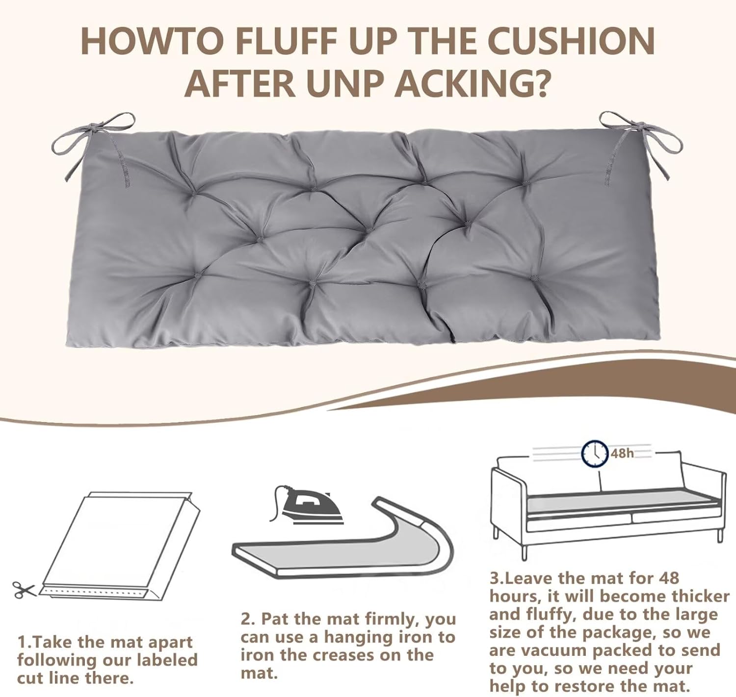 39.3in Waterproof Indoor/Outdoor Garden Bench Seat Cushions，Thicken Patio Bench Soft Rocking Chairs Pad Lounger Seat for Wicker Loveseat Settee（39.3 X 19.10 in,Light Grey ）