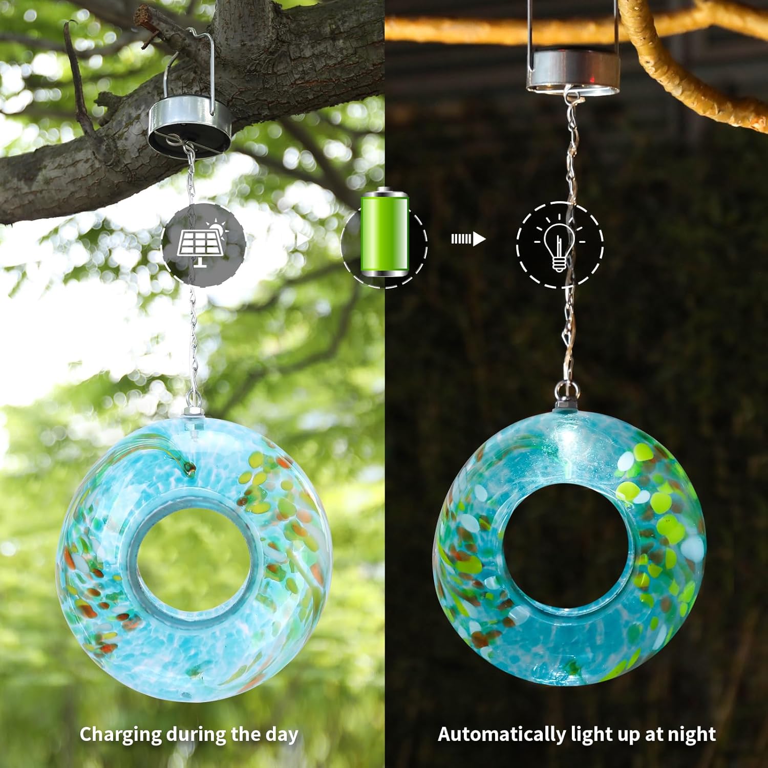 VCUTEKA Bird Feeder Solar Fly Through Bird Feeders for Outside Hanging with Round Shape Glass Container to Attract Wild Birds for Garden Decor, Blue 8"