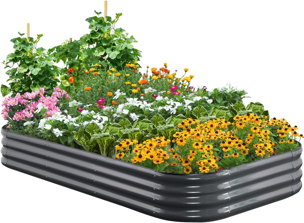 Quictent Galvanized Raised Garden Bed Kit, 8x4x1 ft Oval Metal Planter Box for Vegetables, Rubber Strip Edging Included (Dark Gray)
