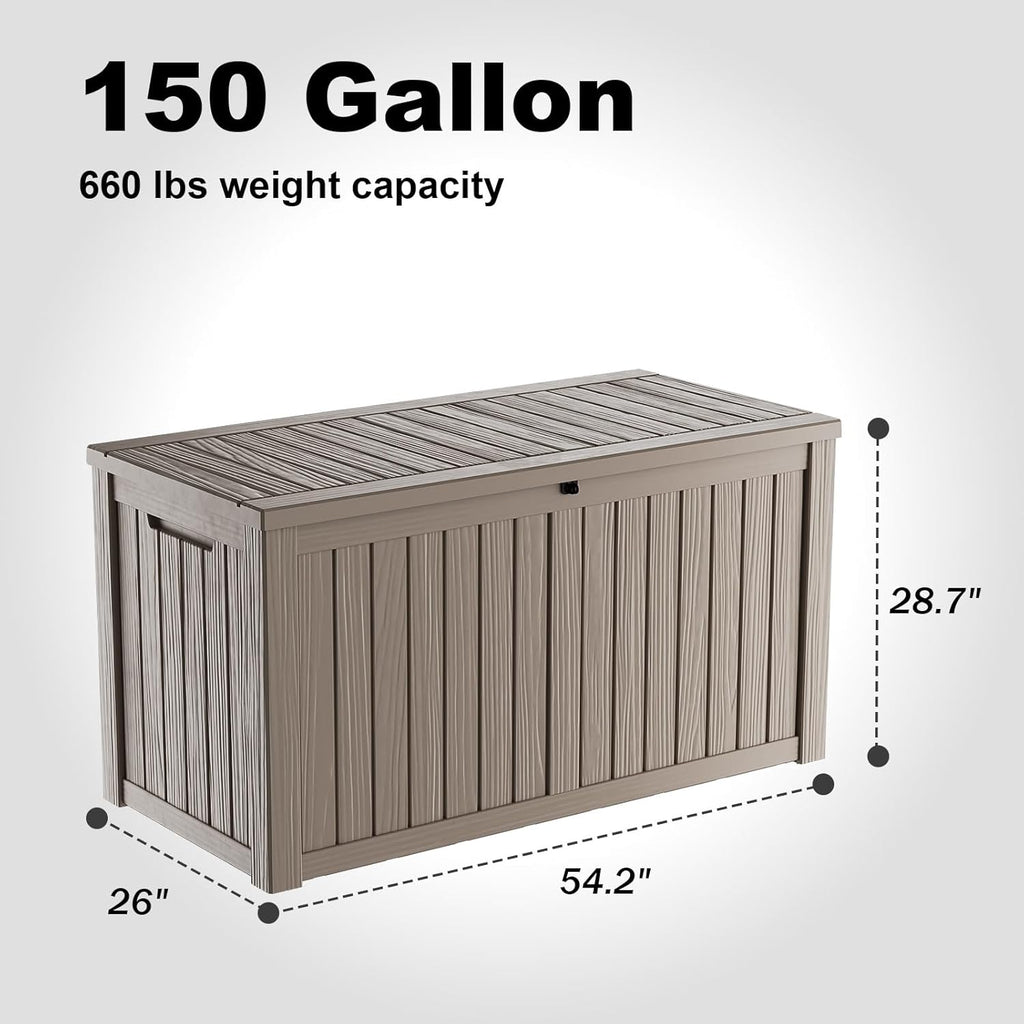 150 Gallon Outdoor Deck Box,Storage Lockable Waterproof Patio Furniture,Garden Tools,Cushions,Pool Accessories Outside Storage Resin Box(Grey)