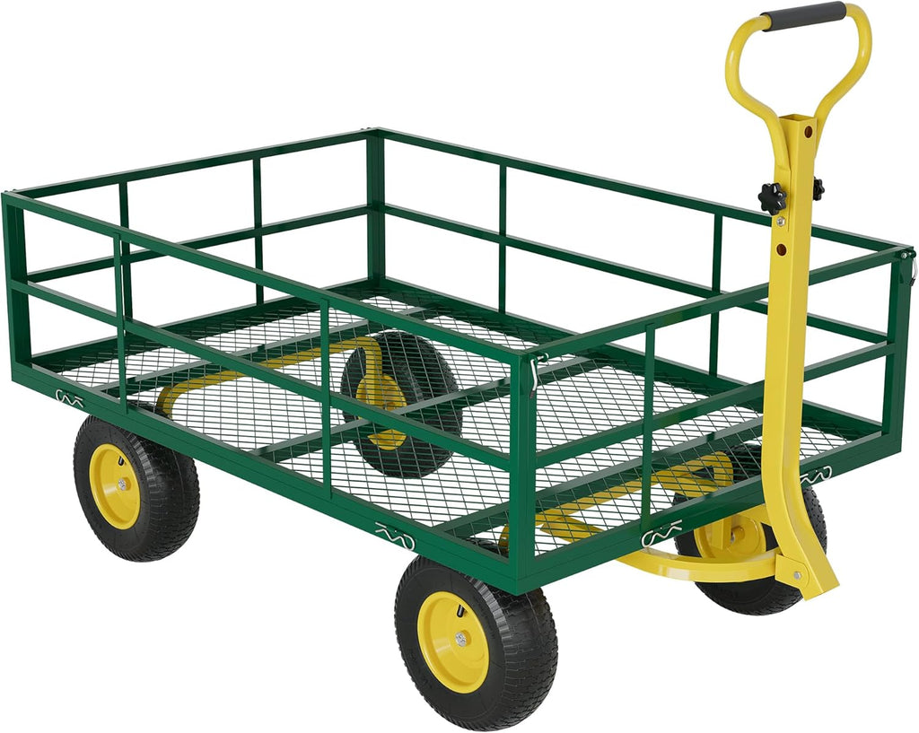 3-in-1 Heavy-Duty Steel Garden Cart, 1200 Lbs Garden Wagon, with 13 Inch All-Terrain Tires and Removable Mesh Side Panels, 180° Rotating Handle, Metal Utility Yard Trailer, Outdoor Gardens Wagon Cart