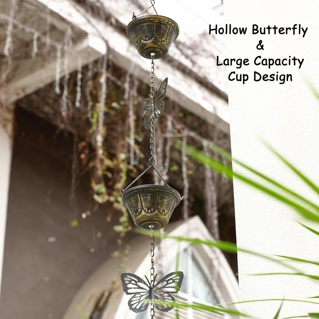 8.5FT Rain Chains for Gutters Downspouts, Butterfly and Cup Rain Gutter Chain, Functional and Decorative Replacement Rainchains for Downspout, Metal Rain Catcher Chimes for Outside, Vintage Copper