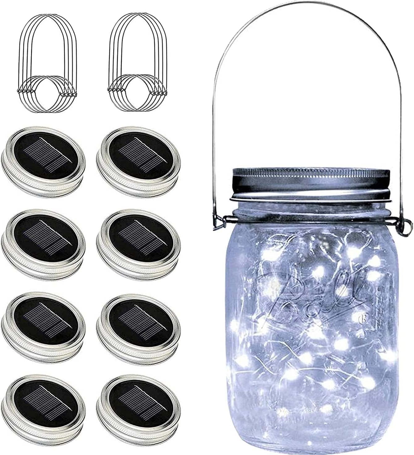 Solar Mason Jar Lights Lids, 8 Pack 30 Led Fairy Lights(Jars Not Included), Outdoor Hanging Mason Jar Solar Lights, Fairy in a Jar Solar Firefly Lights for Patio Garden Table Decor