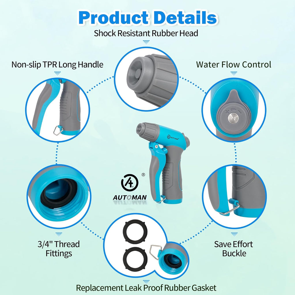 AUTOMAN Garden Hose Nozzle, 4 Adjustable Patterns Hose Sprayer, Heavy Duty High Pressure Water Hose Nozzle for Pets Bathing and Cleaning, Car Washing, Watering Plants in Lawn and Garden & Outdoor Fun.
