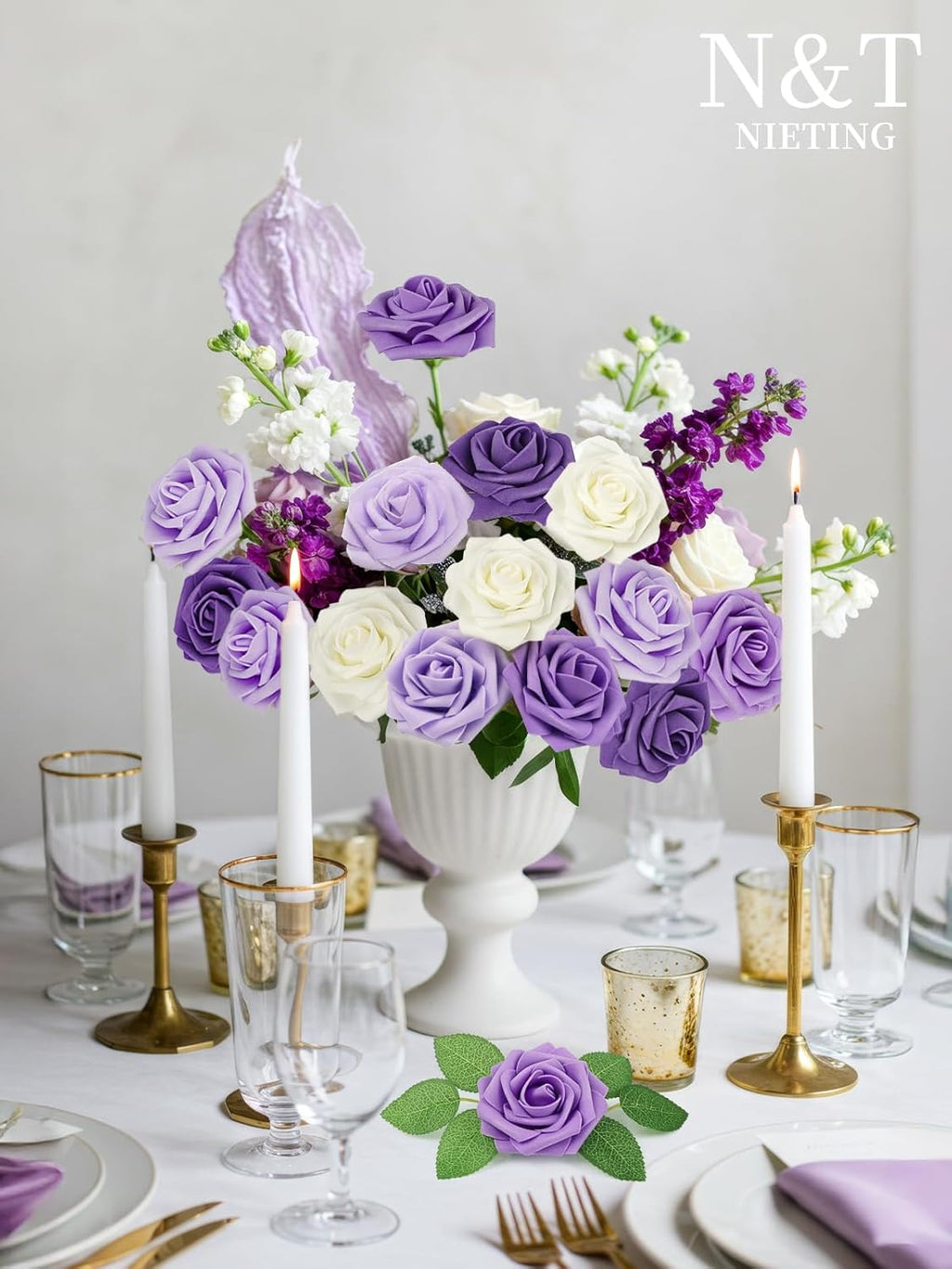 N&T NIETING Artificial Flowers 50Pcs Fake Foam Rose Purple Flowers with Stems Lavender for DIY Wedding Bridesmaid Bridal Bouquets Centerpieces Party Home Decoration(Series Purple)