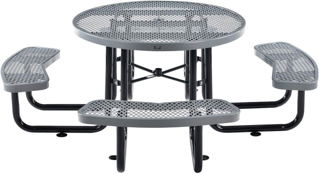 Global Industrial 46" Round Picnic Table, Expanded Metal, Gray Thermoplastic Coating, Attached Benches, 1-1/2” Umbrella Pole Hole, Outdoor-Rated, 1000 lb Capacity