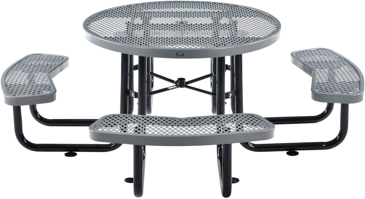 Global Industrial 46" Round Picnic Table, Expanded Metal, Gray Thermoplastic Coating, Attached Benches, 1-1/2” Umbrella Pole Hole, Outdoor-Rated, 1000 lb Capacity