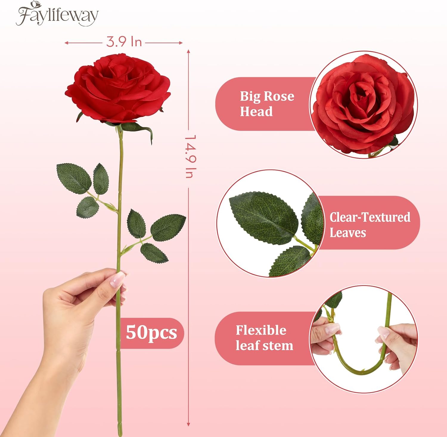 50PCS Artificial Red Roses, 3.9'' Silk Flower Head Fake Red Rose with Long Stems, Realistic Faux Roses Bouquet for DIY Wedding Home Party Office Decoration