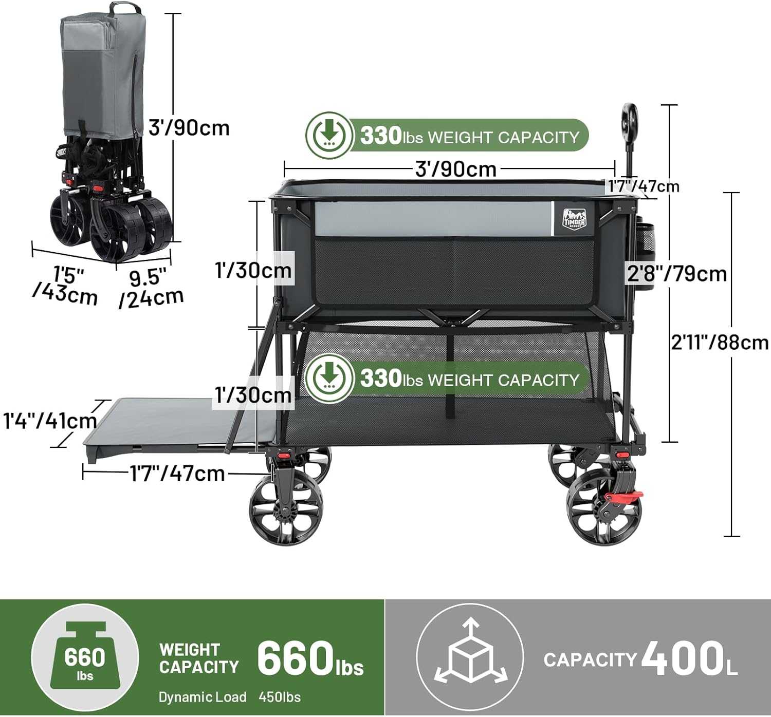 TIMBER RIDGE 400L Large Capacity Folding Double Decker Wagon with Brakes, 54" Extra Long Extender Wagon Cart, 660lbs Heavy Duty Collapsible Cart, All-Terrain Big Wheels for Camping, Sports, Shopping
