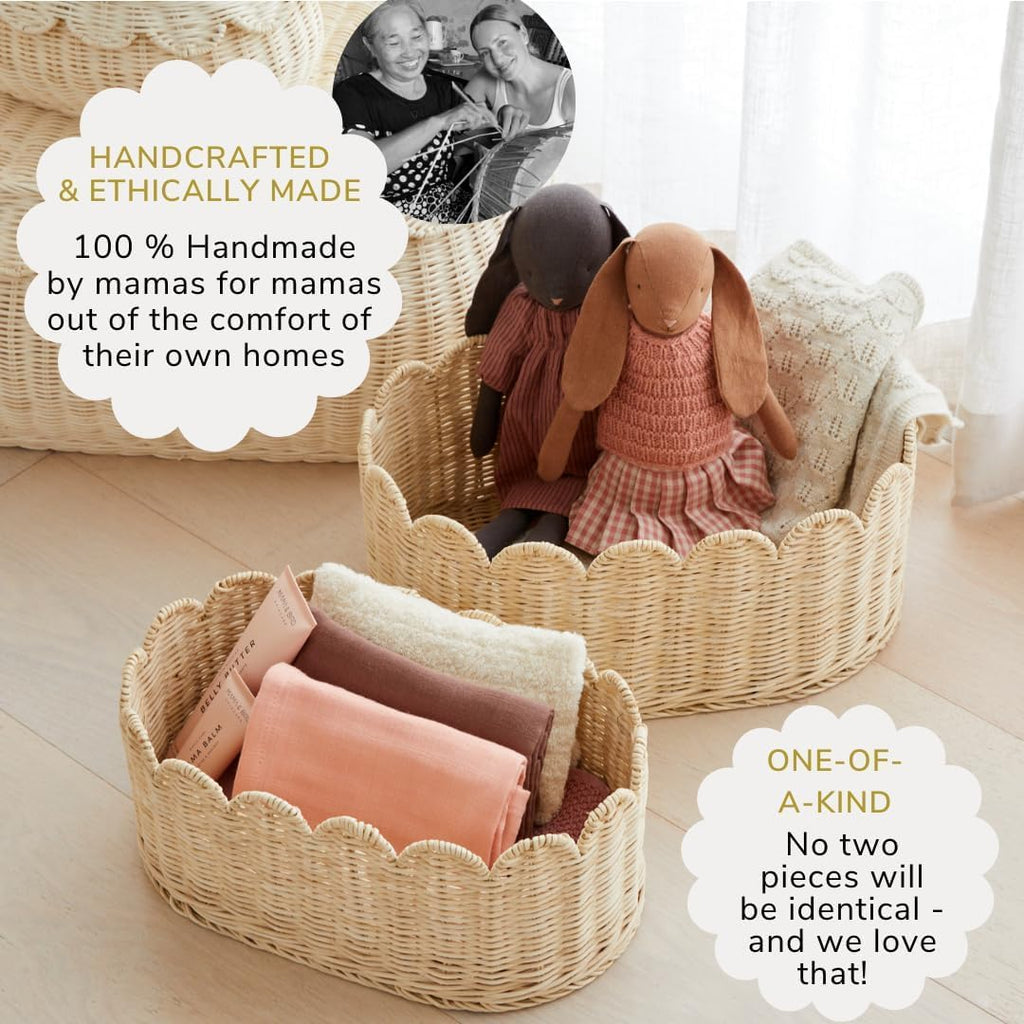 BEBE BASK Premium Scalloped Basket Set Of 2 - Scallop Basket - 16 x 10 x 7 Inch - Hand-Woven Elegant Wicker With Scalloped Edge - Nursery Storage (Natural)