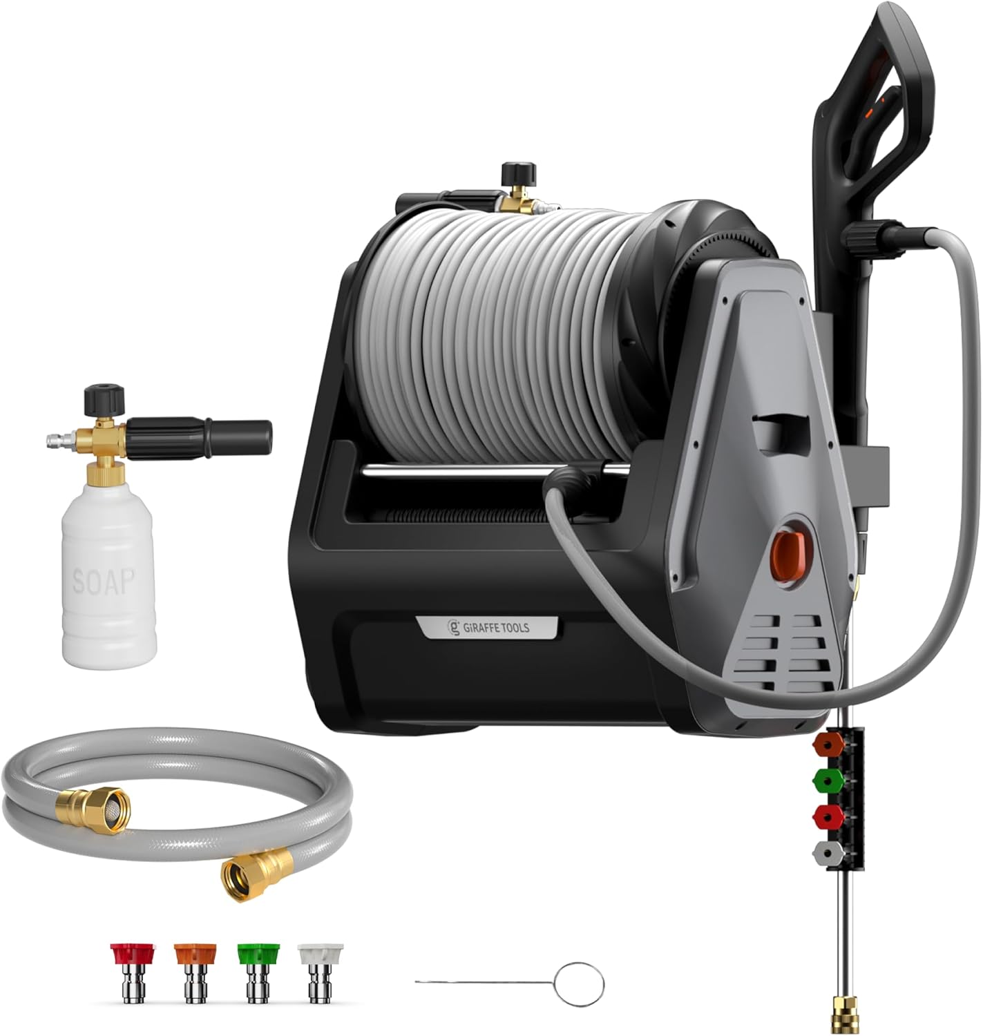 Giraffe Tools Grandfalls Wall Mount Pressure Washer Plus+, Max 2900PSI 2.2 GPM, Electric Power Washer with 100ft Pressure Hose for Car/Patios, Automatic Rewind, Dark Silver