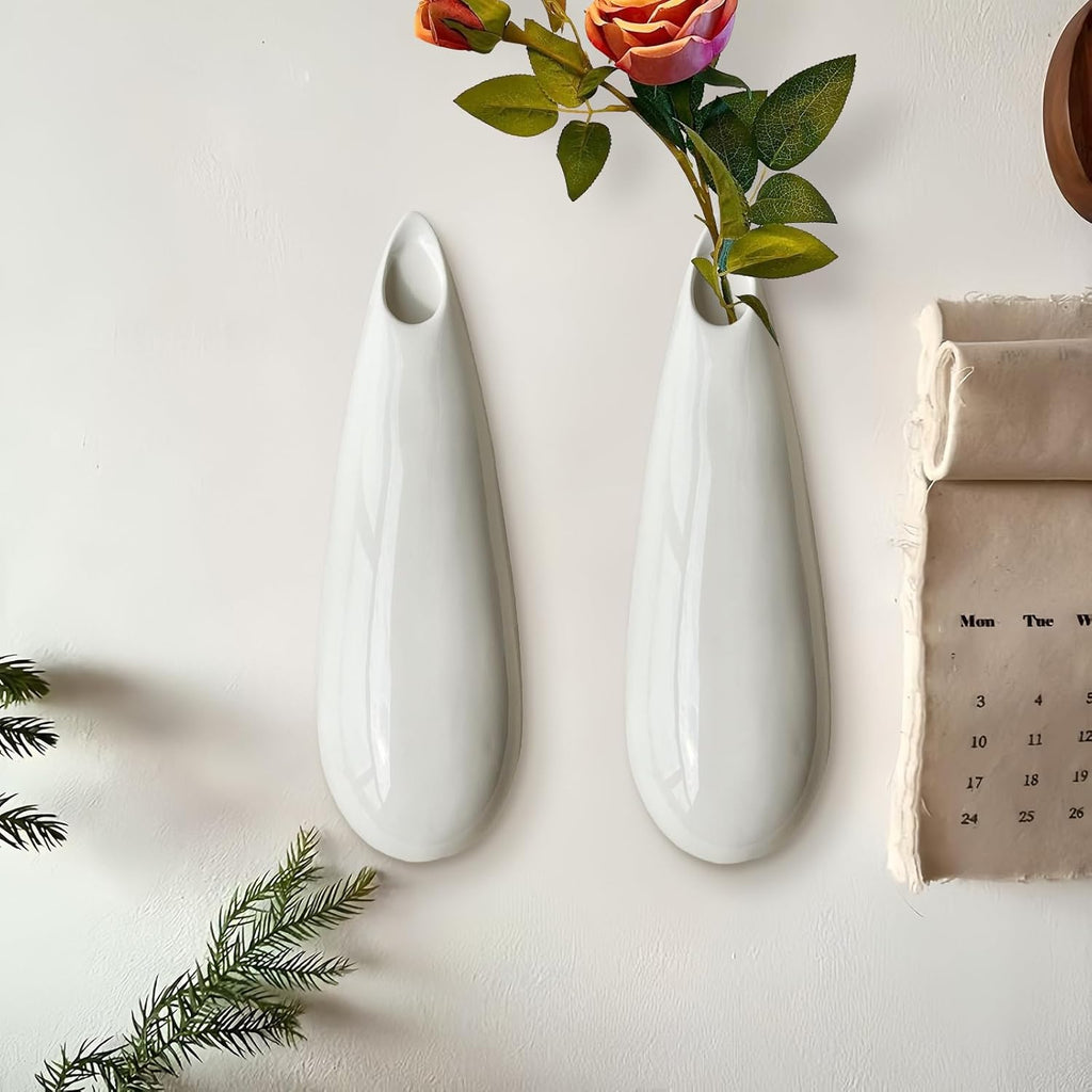 2 Pack White Ceramic Wall Vases,11.8 Inch Wall Hanging Plant Holder,Cubicle Modern Decor Plant Holder Vase for Indoor Plants, Hanging Propagation Flower Pots for Air Vases