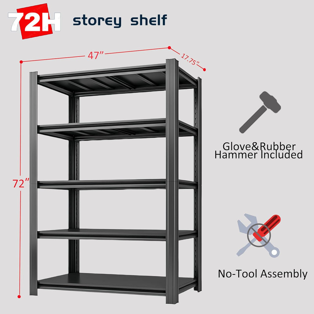 5-Tier 47" W x 17.75" D x 72" H Garage Shelving 3000LBS Storage Shelves Heavy Duty Metal Shelf Unit Adjustable Basement Industrial Storage Racks