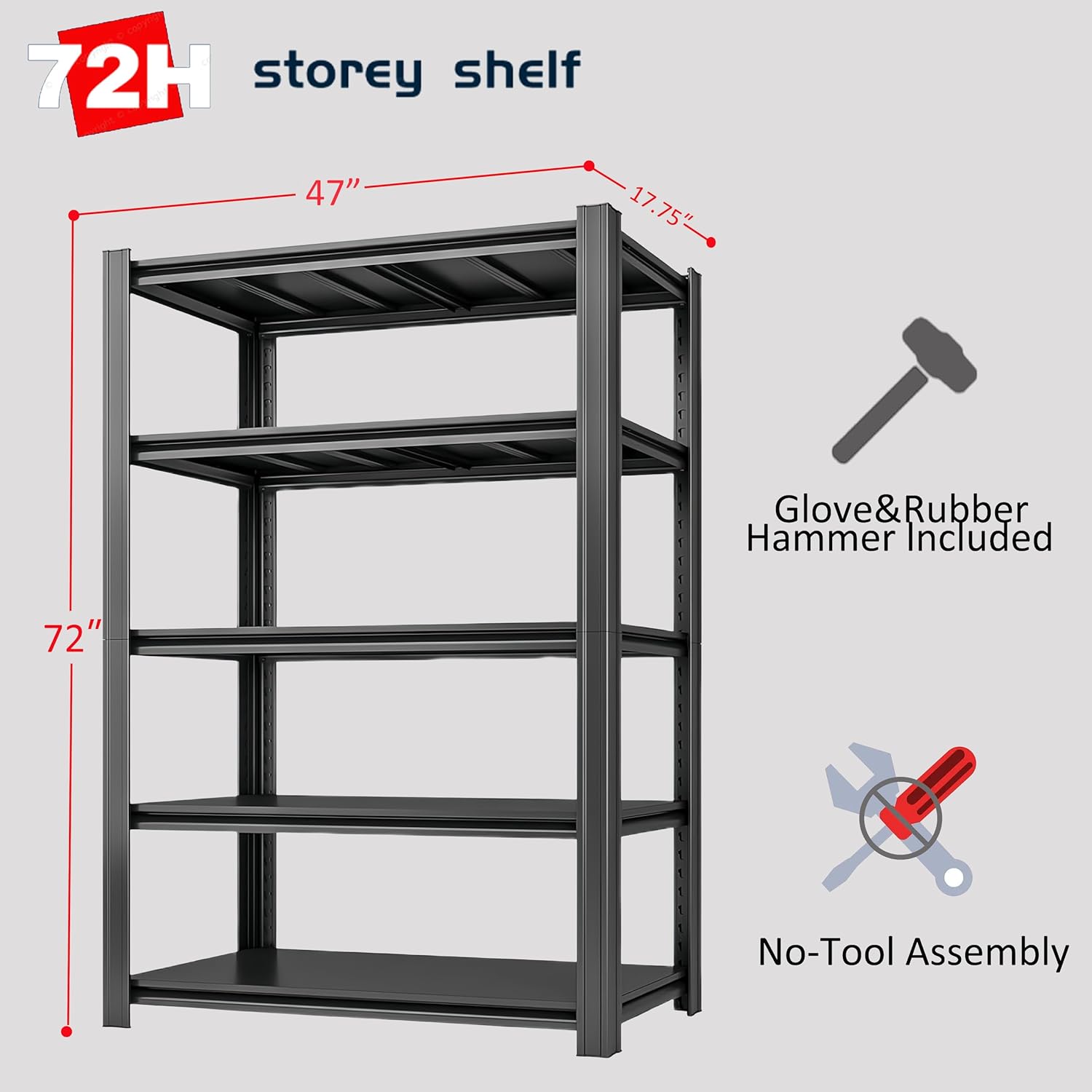 5-Tier 47" W x 17.75" D x 72" H Garage Shelving 3000LBS Storage Shelves Heavy Duty Metal Shelf Unit Adjustable Basement Industrial Storage Racks